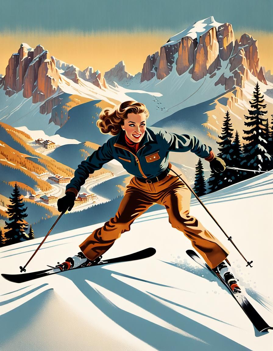 Vintage Ski Poster: Girl in Cortina, Retro Art