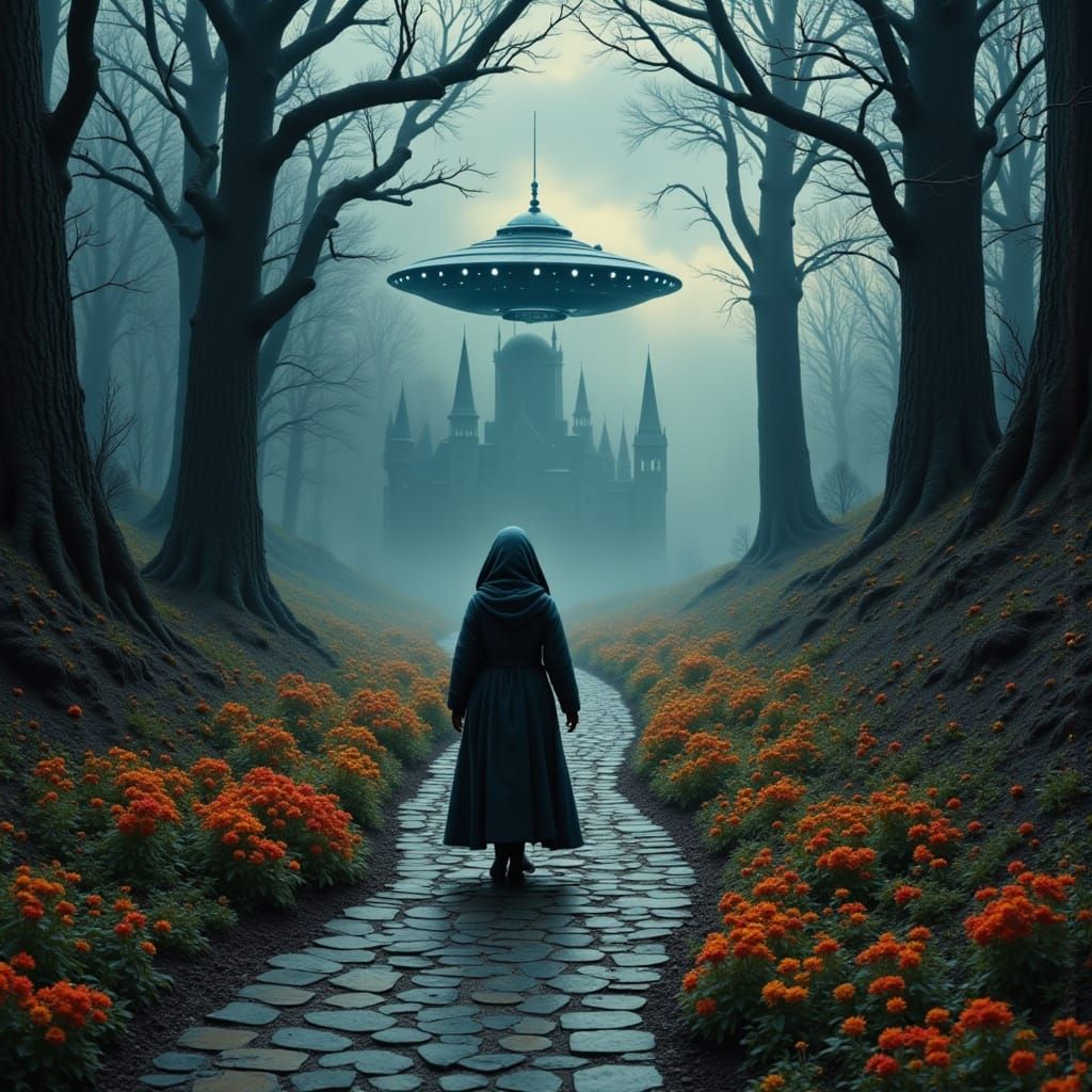 Robot Alien Walks to Gothic Manor in Haunted Forest