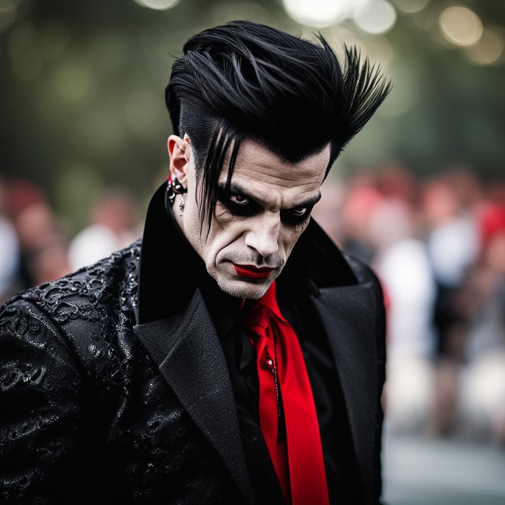 Vampire with Black Hair, Fangs, and Red Cape