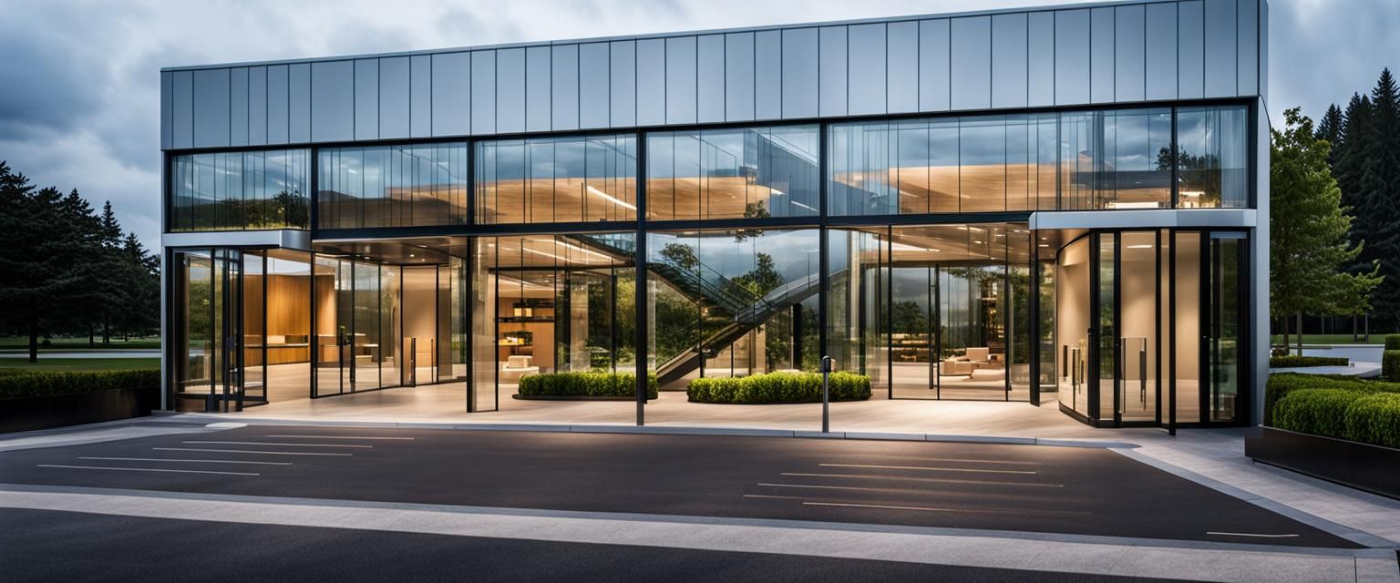 Sleek Modern Commercial Building with Glass Facade and Lush....