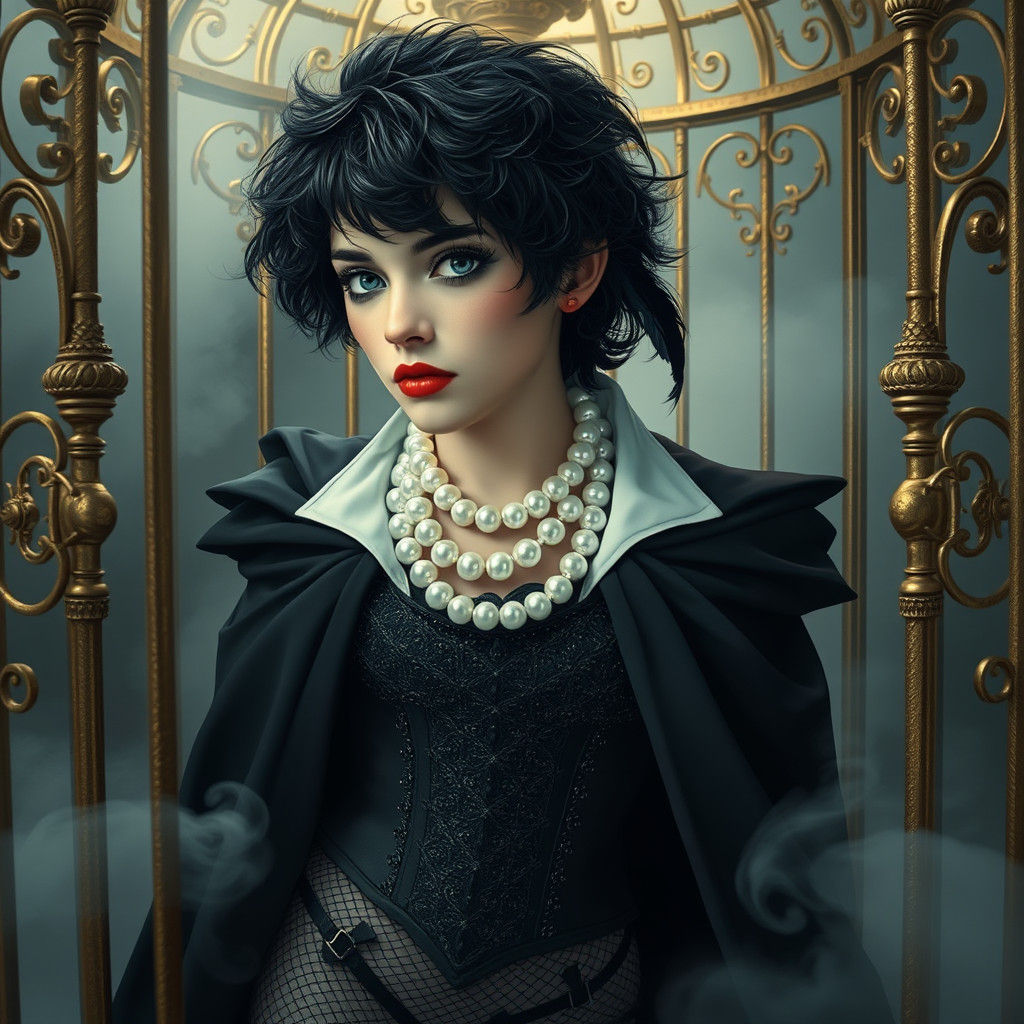 Gothic Androgynous Figure in Ornate Elevator