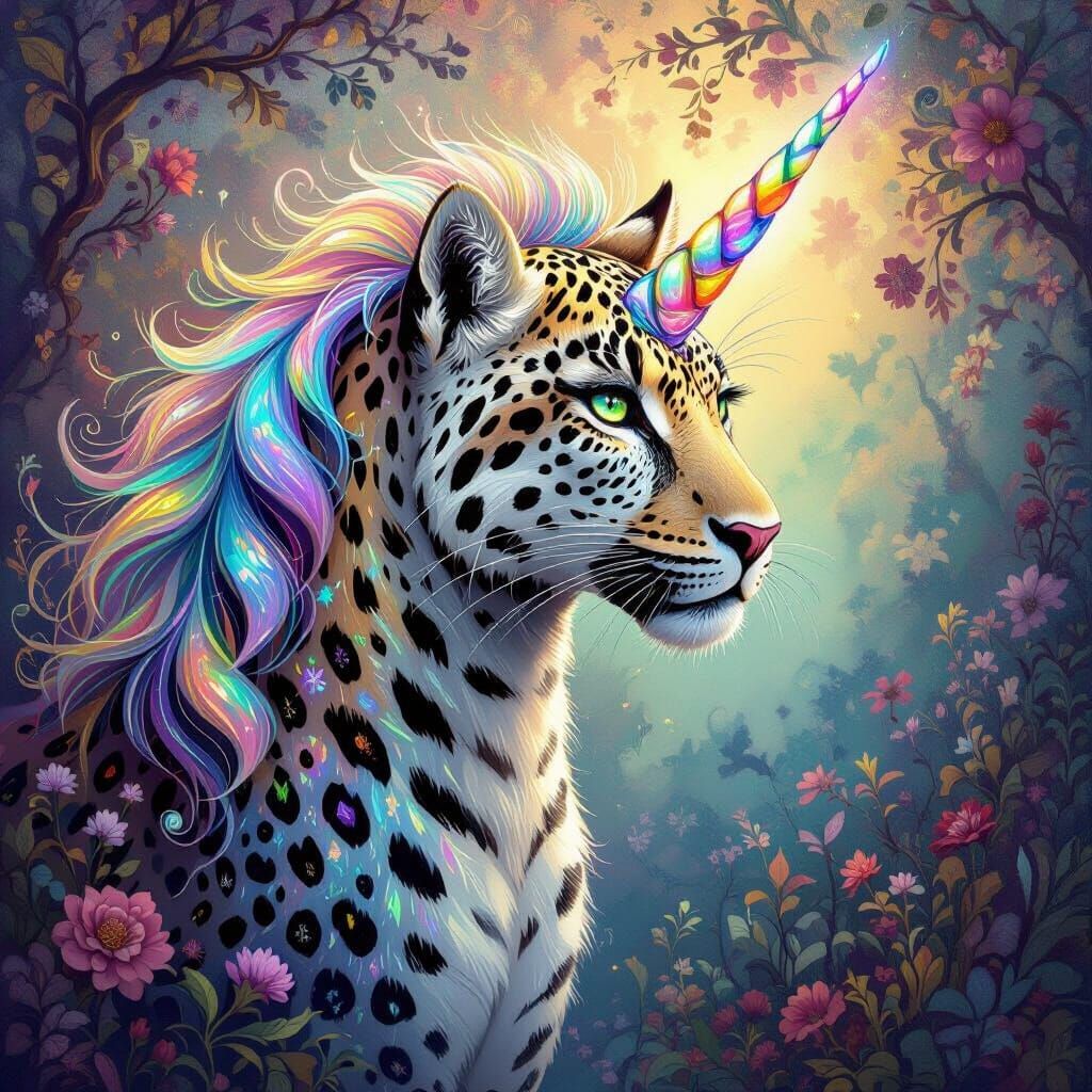 Leopard Unicorn with Iridescent Coat in Surreal Style
