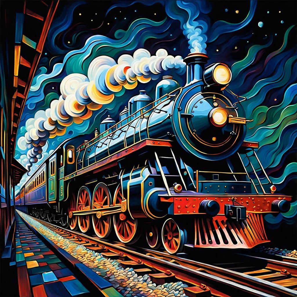 Celestial Steam Train in Post-Impressionist Style