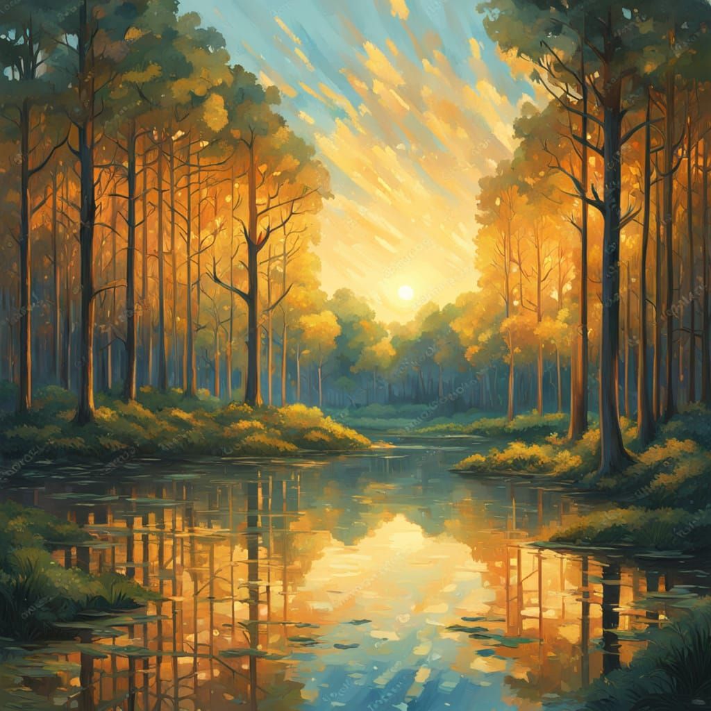 Ancient Forest Village in Neo-Impressionist Golden Hour Ligh...