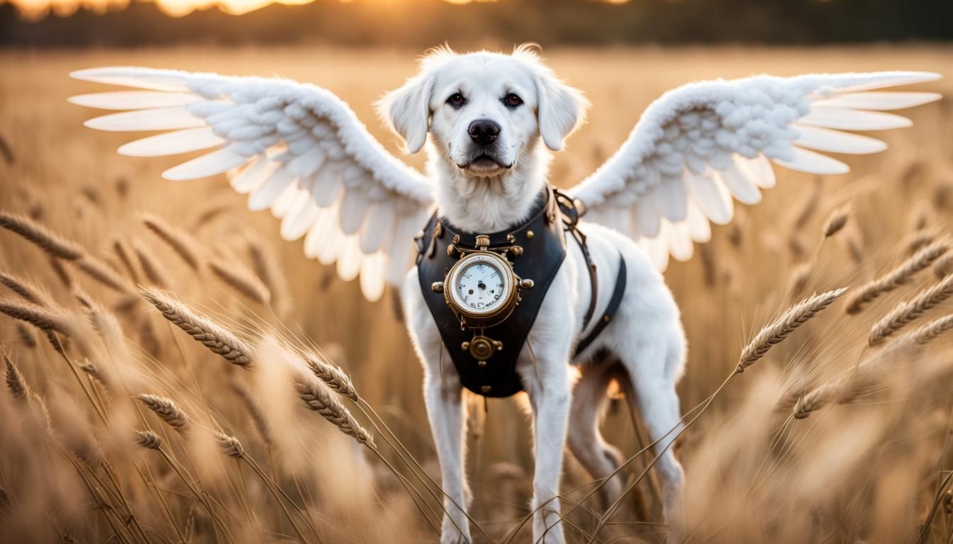 Dog with Angel Wings in Wheat Meadow