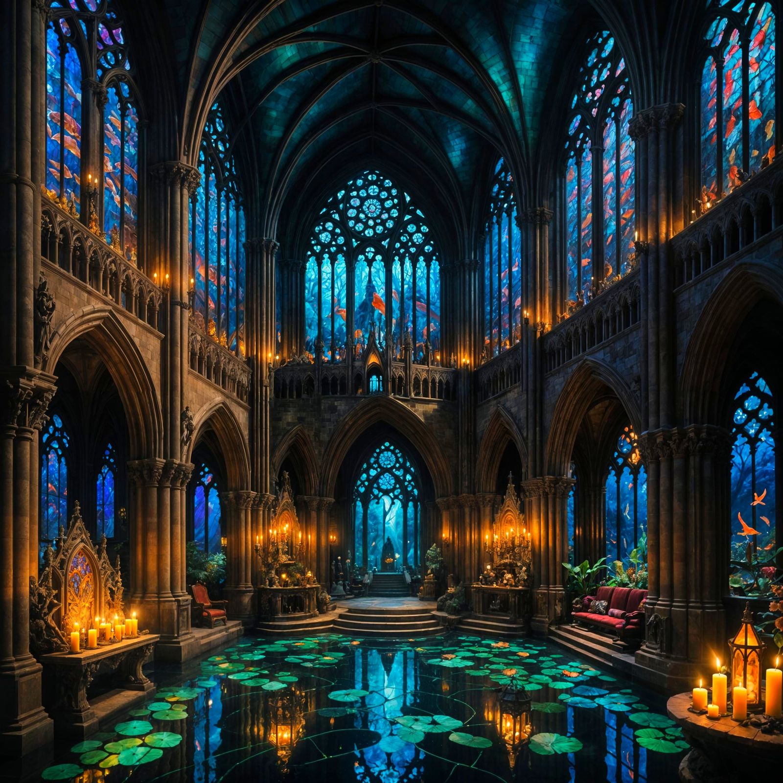 Gothic Underwater Cathedral Illuminated by Ethereal Light