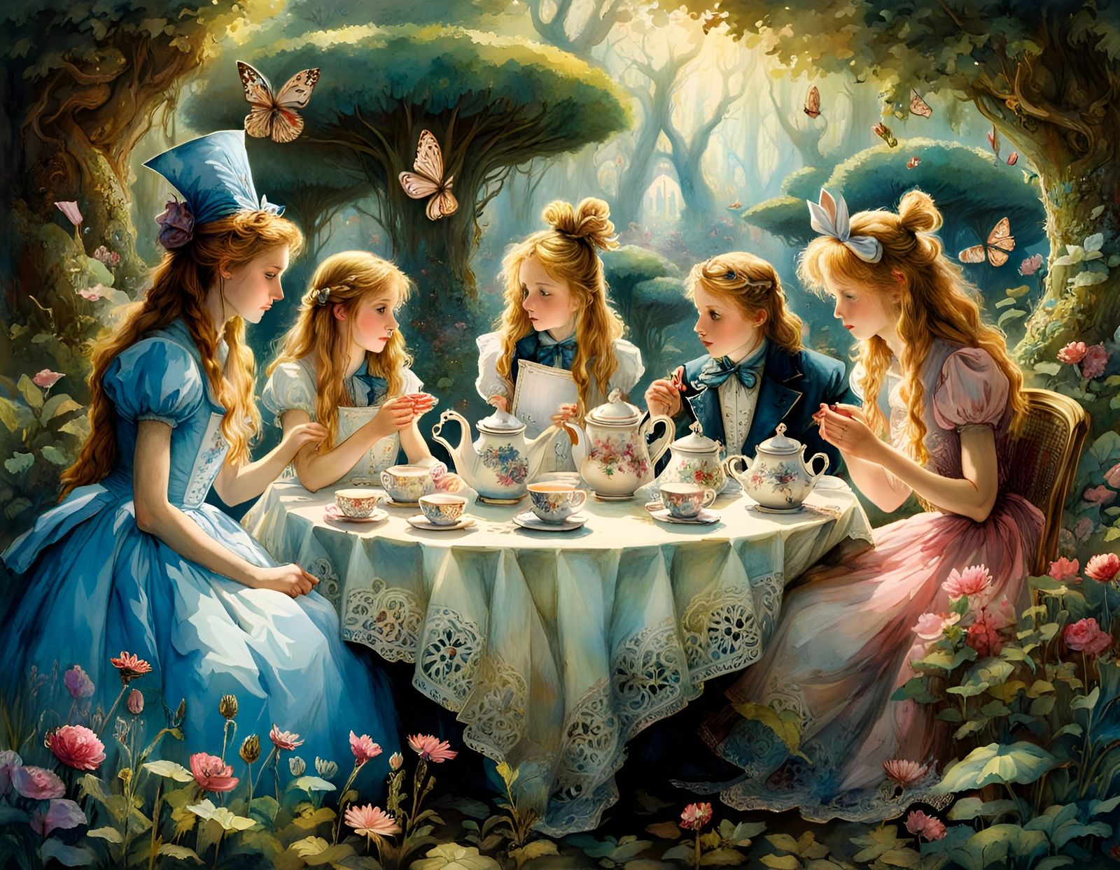 Alice's Wonderland Tea Party in Watercolor Style