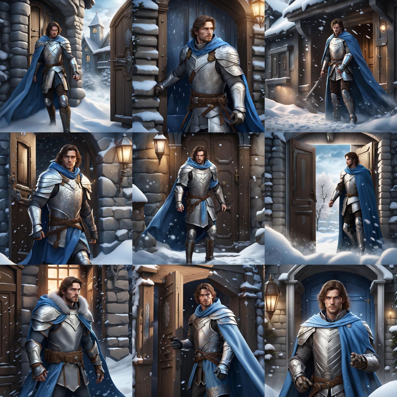 Armored Man Knocks on Door in Snowy City