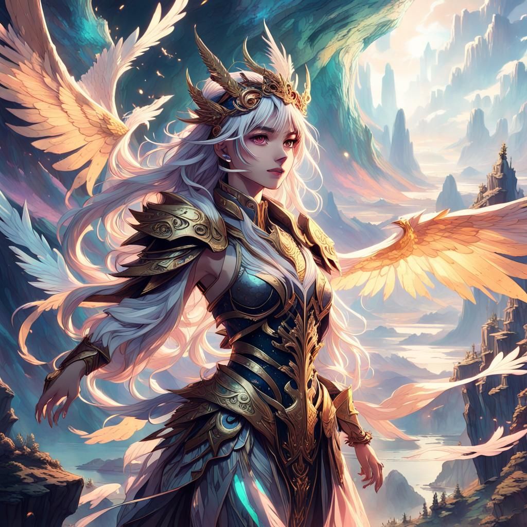 Anime Figure with Wings Over Fantasy Landscape