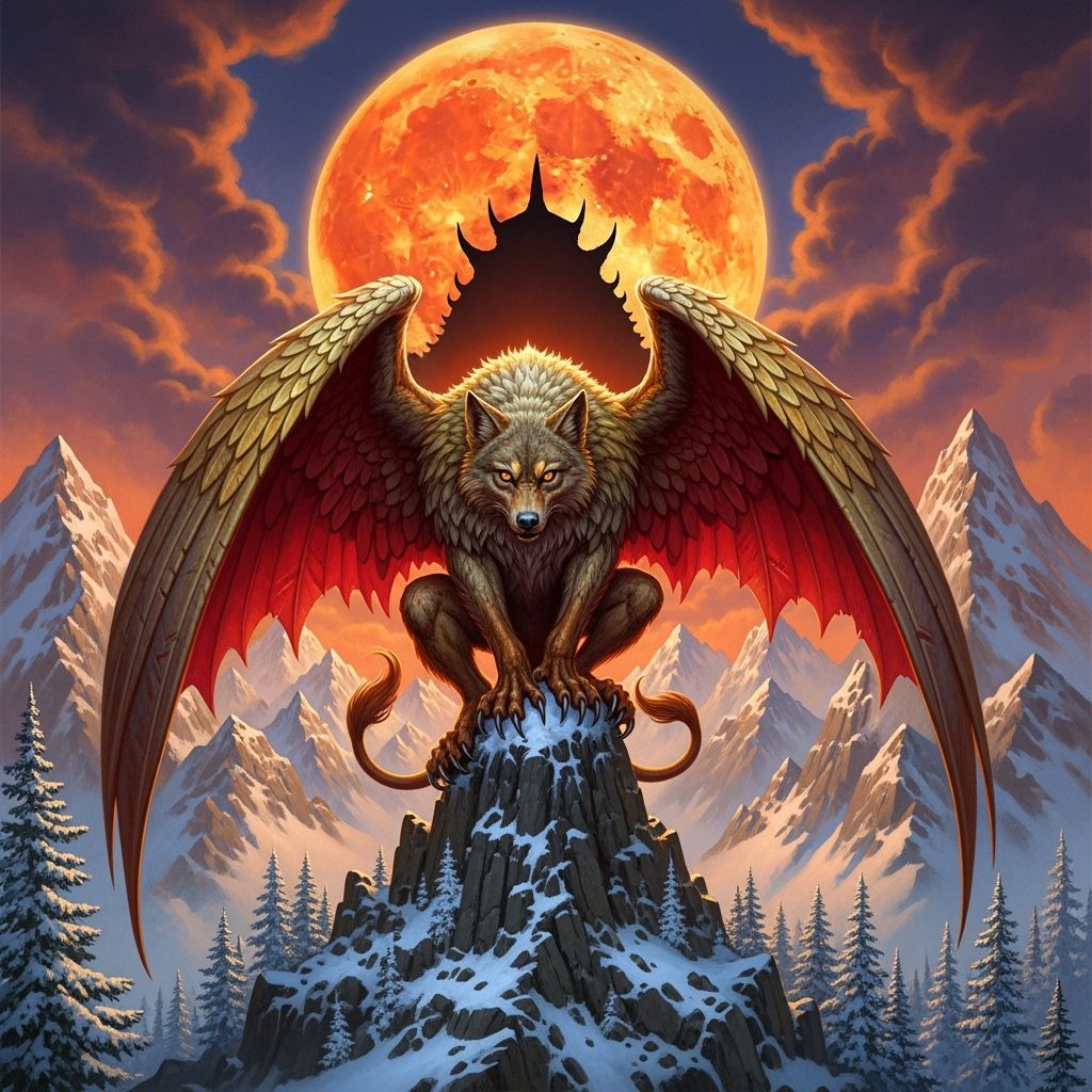 Batwolf Griffin on Snowy Mountain Under Full Moon