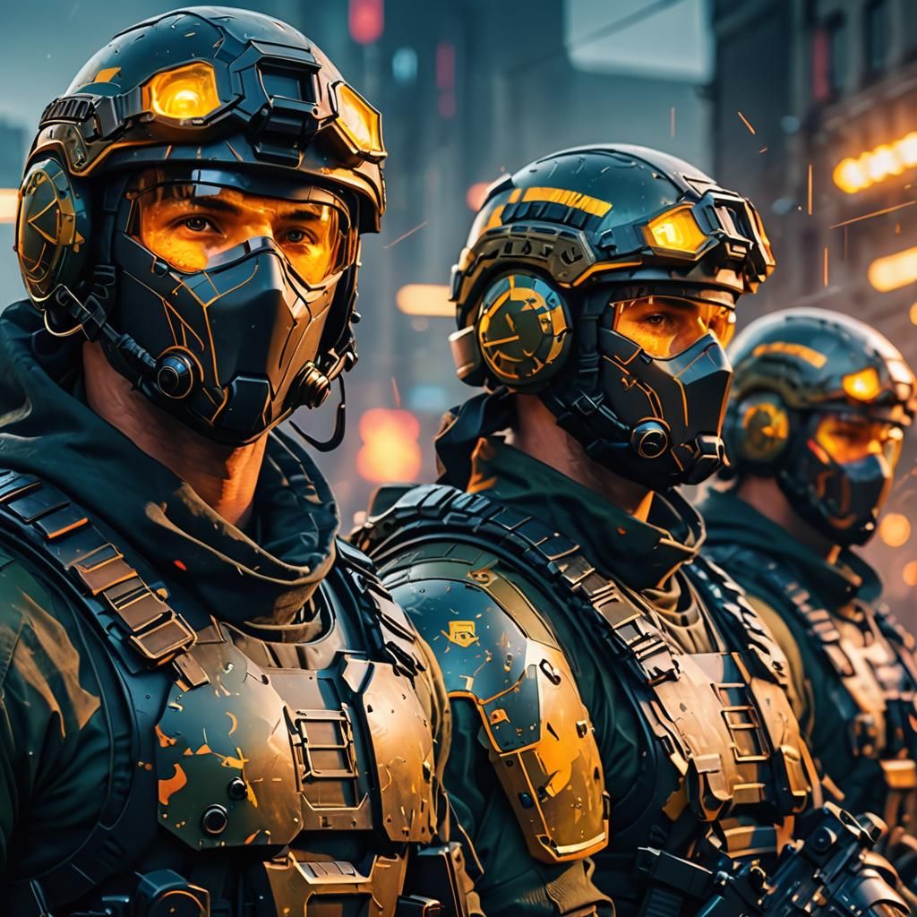 Hyperdetailed Mercenaries in a Double Exposure 3D Render