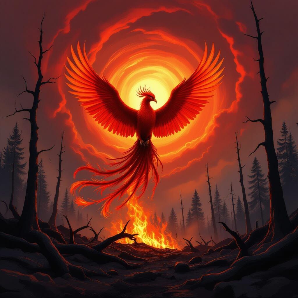 Fiery Phoenix Rising from Ashes, Digital Painting