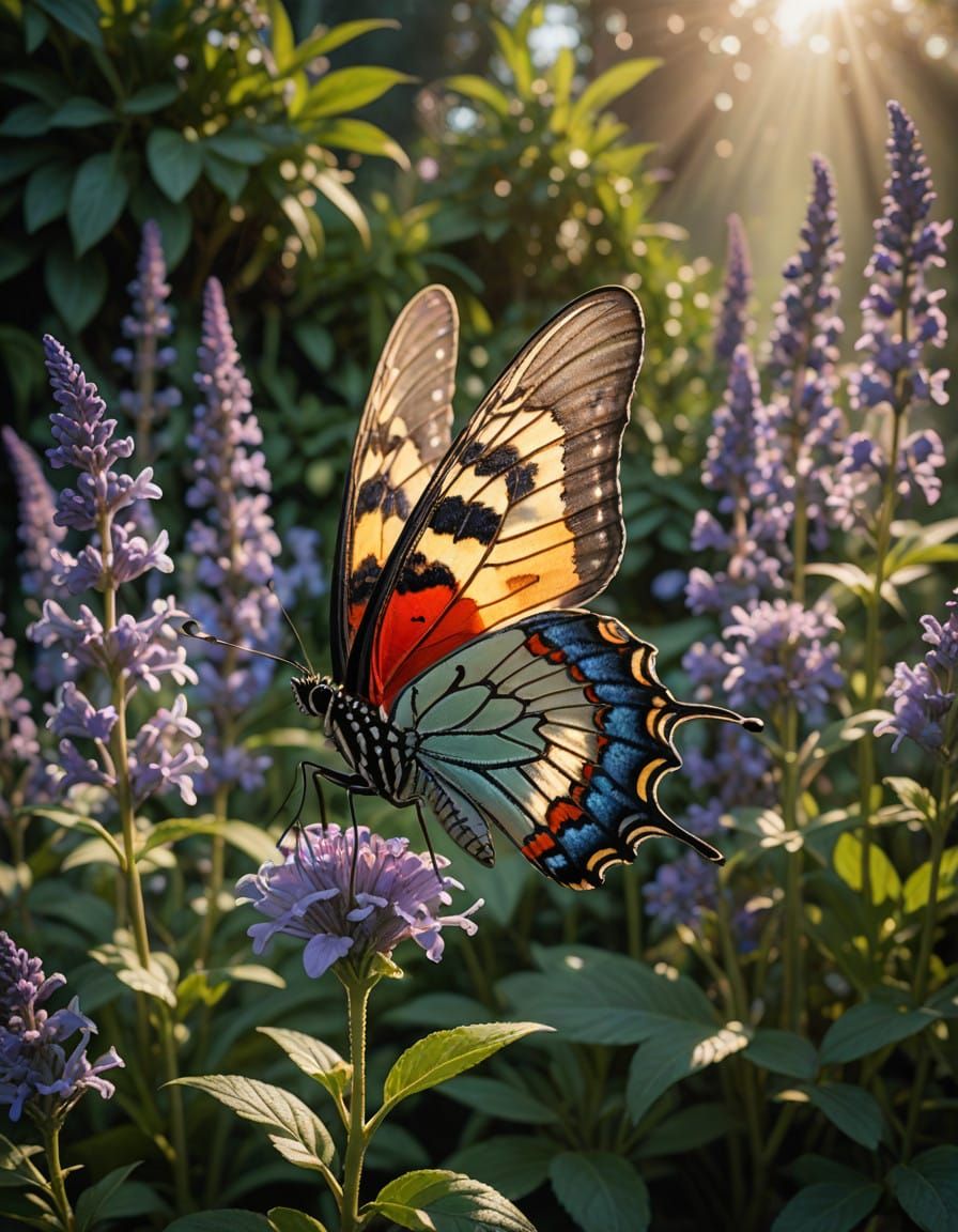 Macro Photography of Iridescent Butterfly on Lavender in Vib...