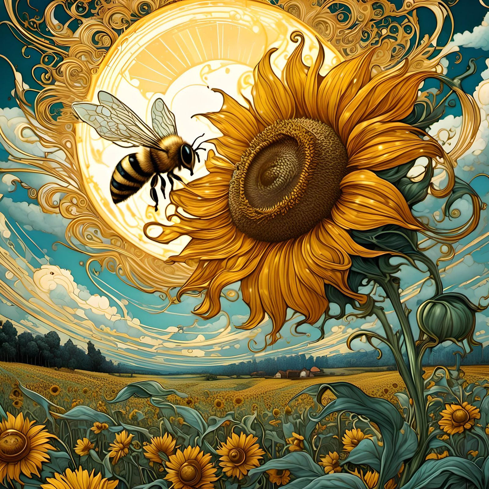 Honey Bee Pollinating Sunflower in Art Nouveau Style