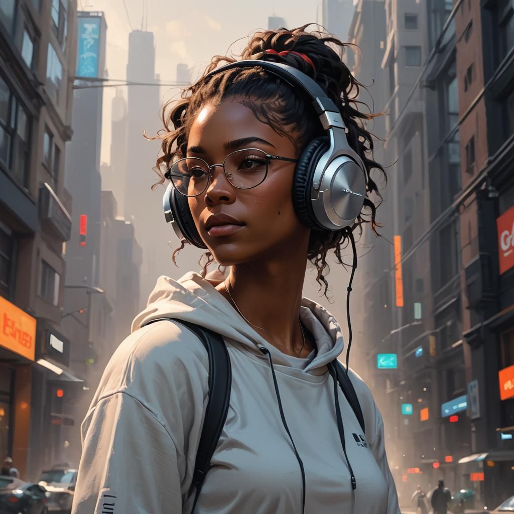Black Girl Portrait with Headphones in Artgerm Style