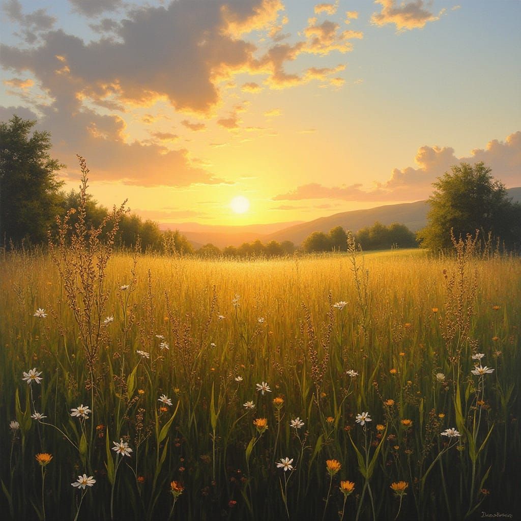 Golden Sunset in a Serene Impressionist Meadow
