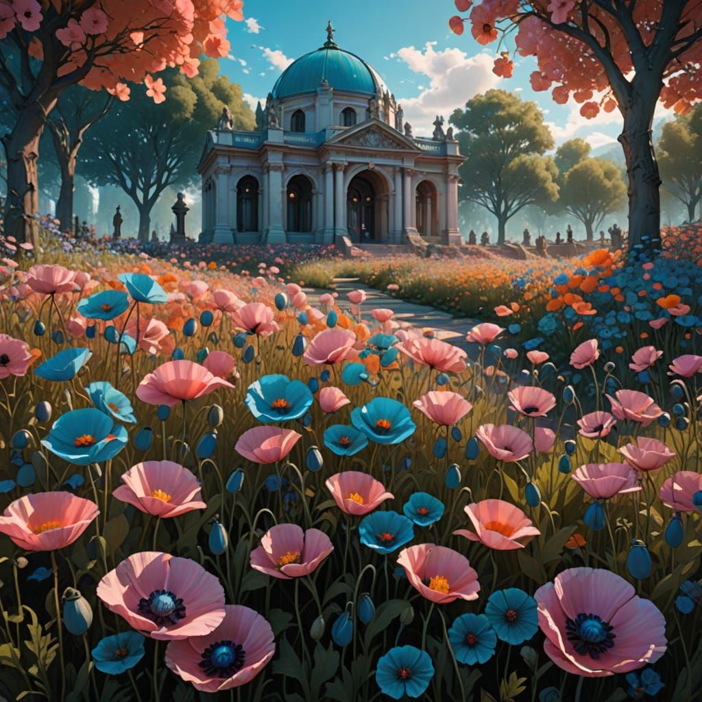 Pink and Blue Poppies in a Garden of Remembrance