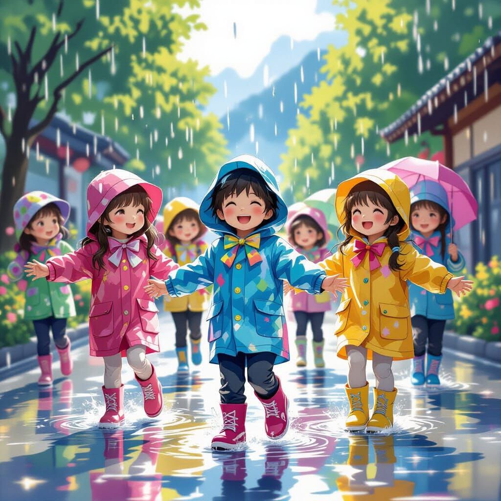 Children Dancing in Rain, Dreamy Photorealistic Style