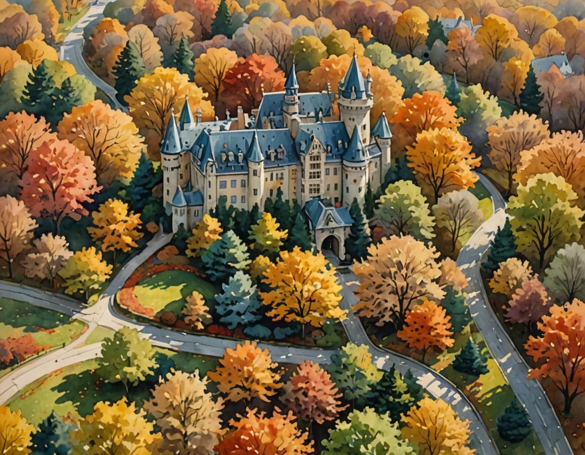 Autumn Castle Aerial View in Watercolor Style