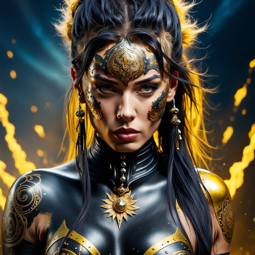 Beautiful Woman Warrior with Metal Tattoos