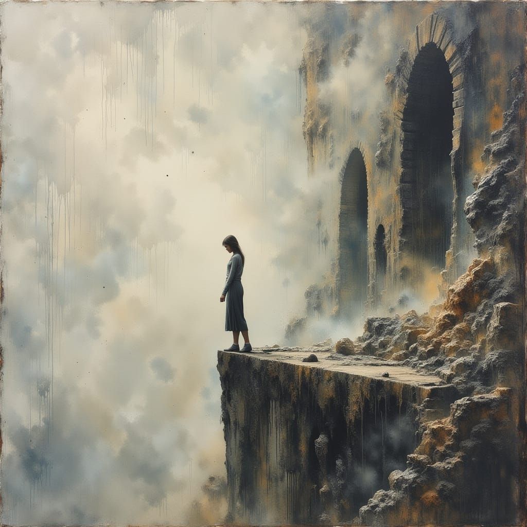 Pale Woman on the Edge in Dark Oil Paint