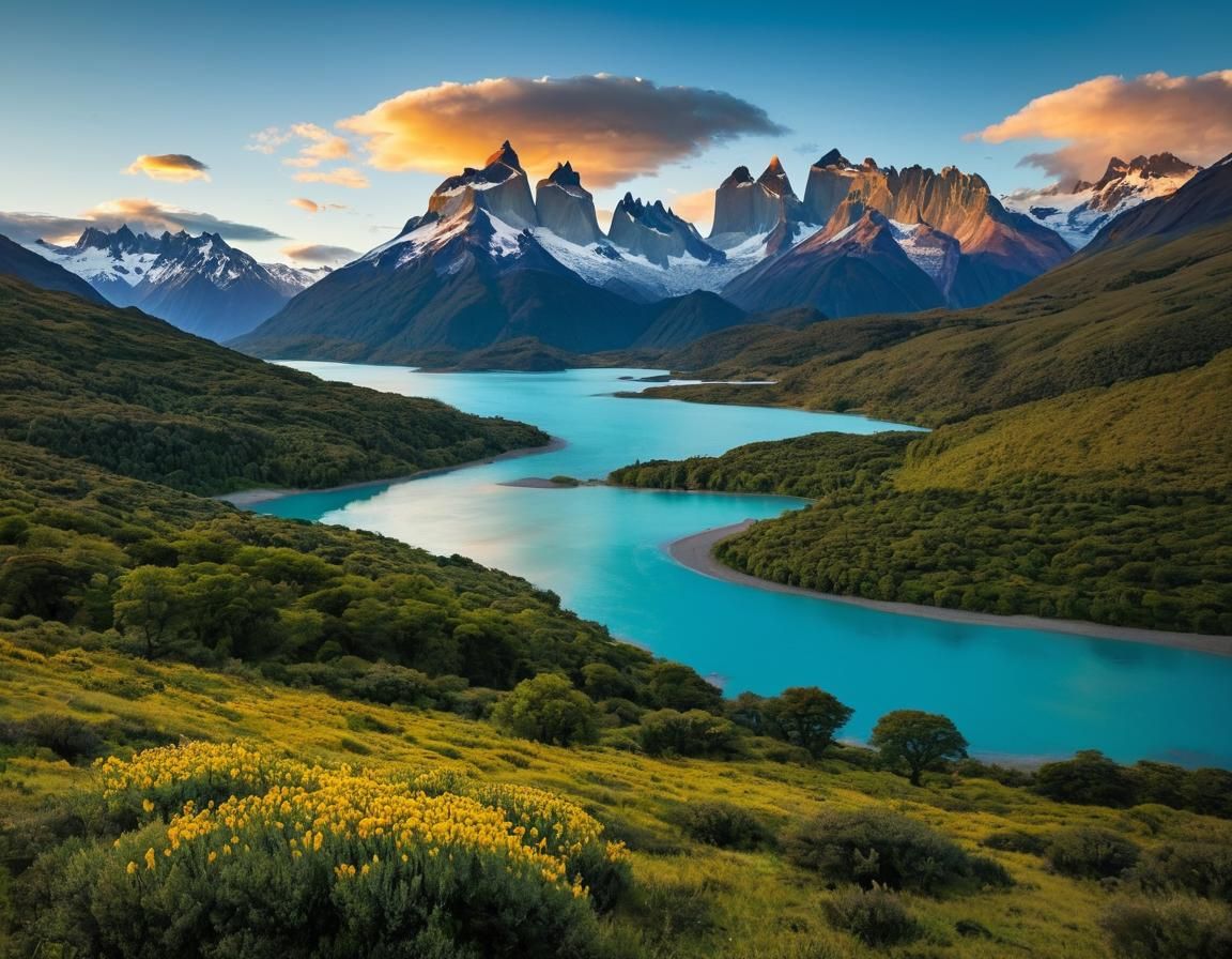 Patagonian Mountains in Evening Light, Art Nouveau Style