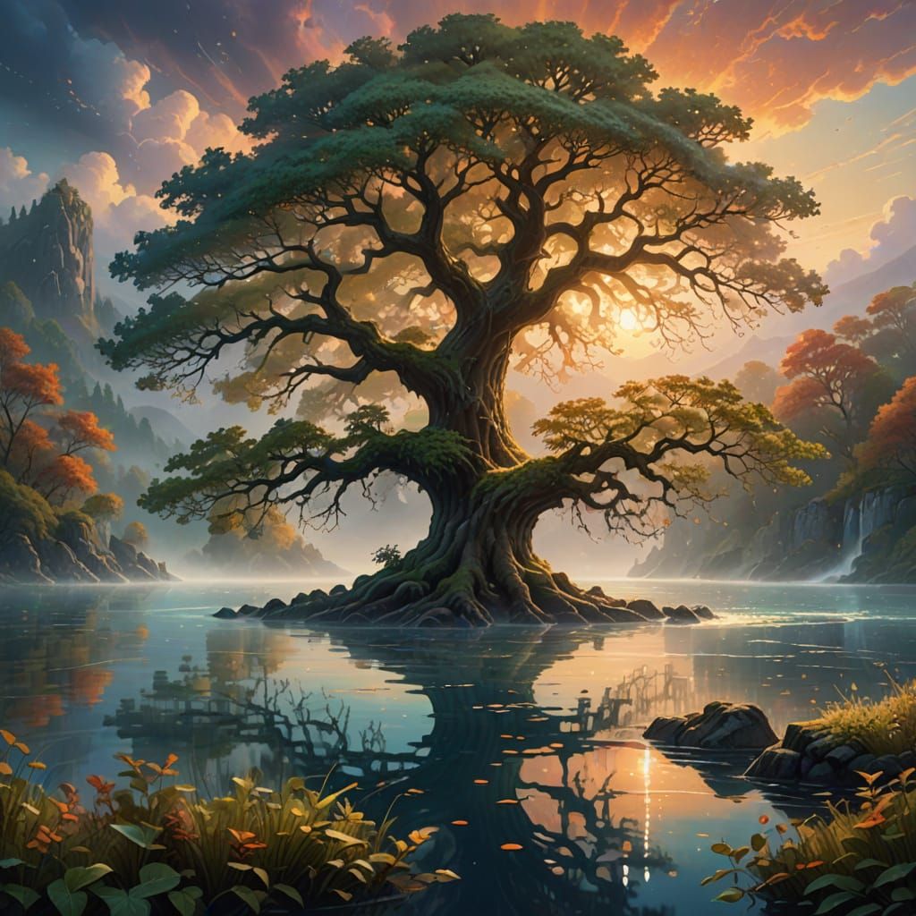 Surreal Oak Tree Floats on Serene Sea in Dreamy Art Style