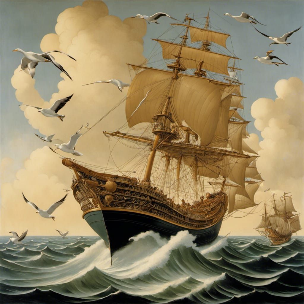Ship and Seagulls in Surreal Classical Style