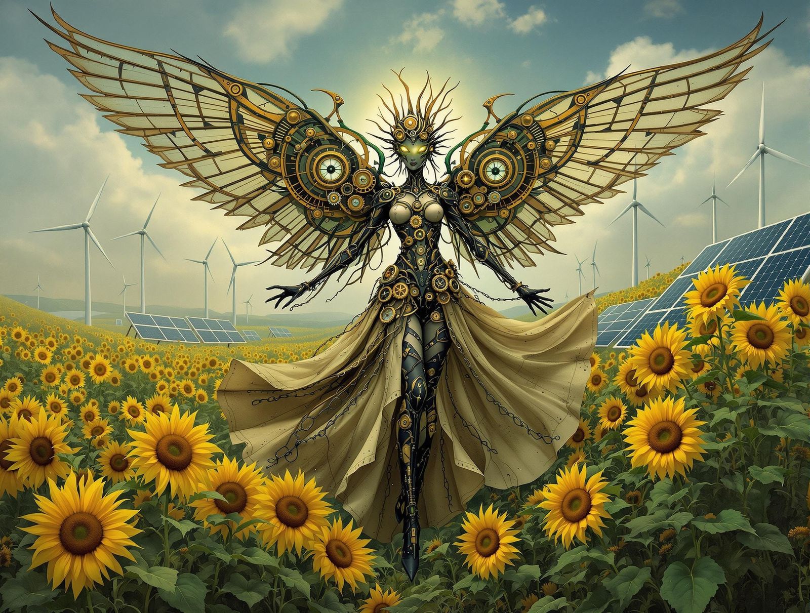 Steampunk Earth Spirit Dancing in Sunflower Field