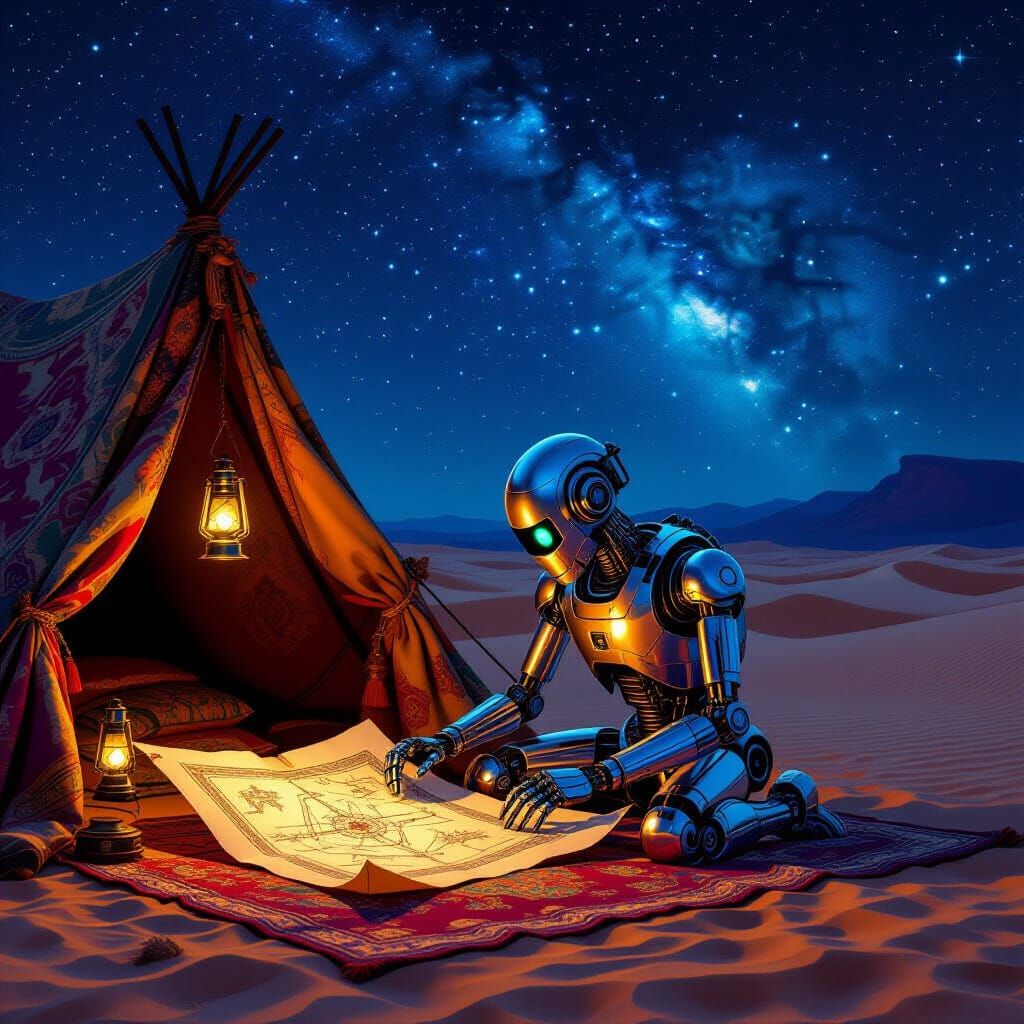 Robot Deciphers Ancient Map in Baroque Desert Tent