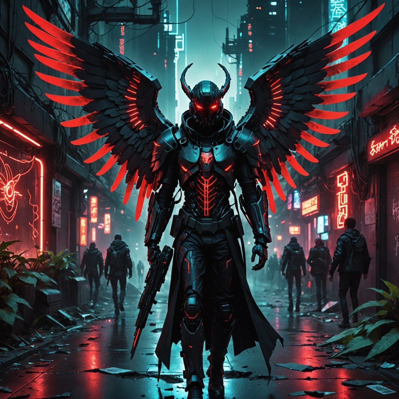 Cyberpunk Angel of Death in Ruined Cityscape