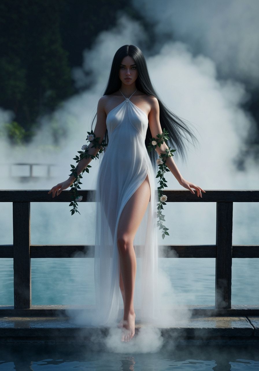 Ethereal Woman on Hot Spring Bridge in Digital Painting Styl...
