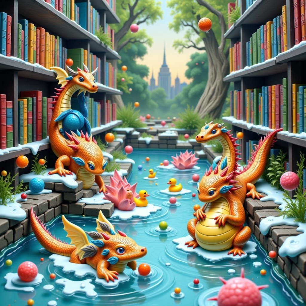 Whimsical Bookshelf Realms with Playful Dragons in a Dreamy ...