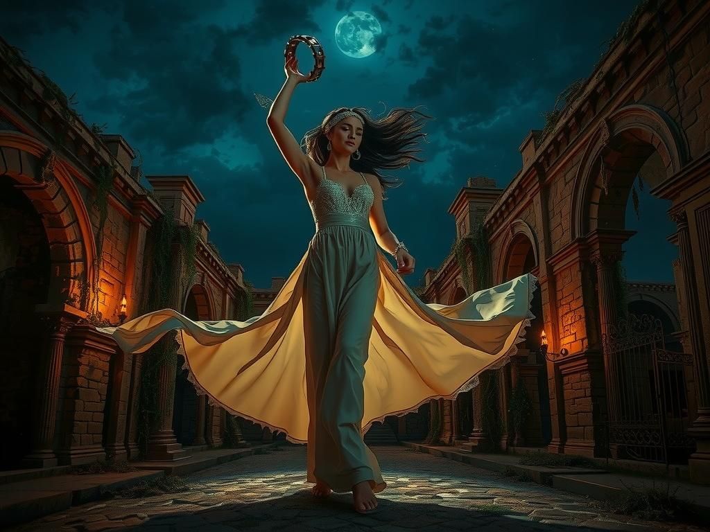 Gypsy Woman Dances in Ancient Ruins Amidst Vibrant Colors an...