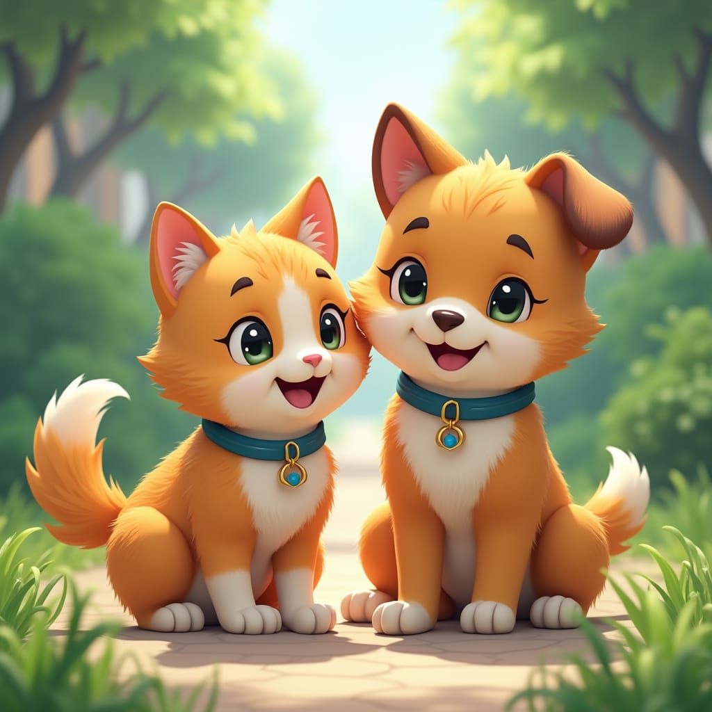 Handsome Cat and Good-Looking Dog Play in Anime Style