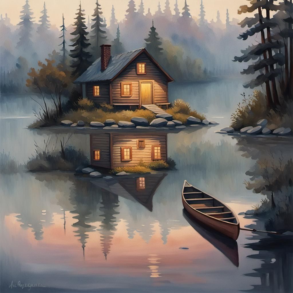 Cabin by Foggy Lake at Dusk in Gouache Style