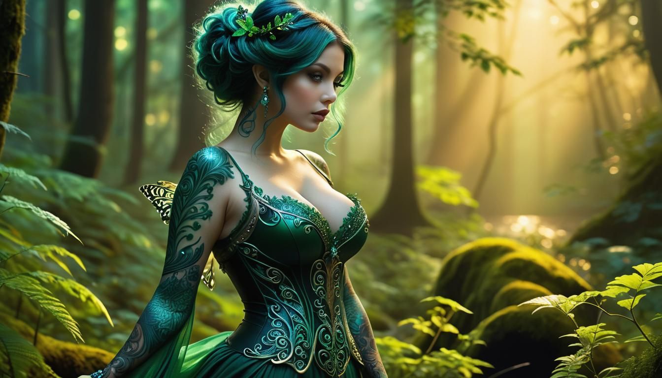 Forest Fairy Woman with Emerald Wings