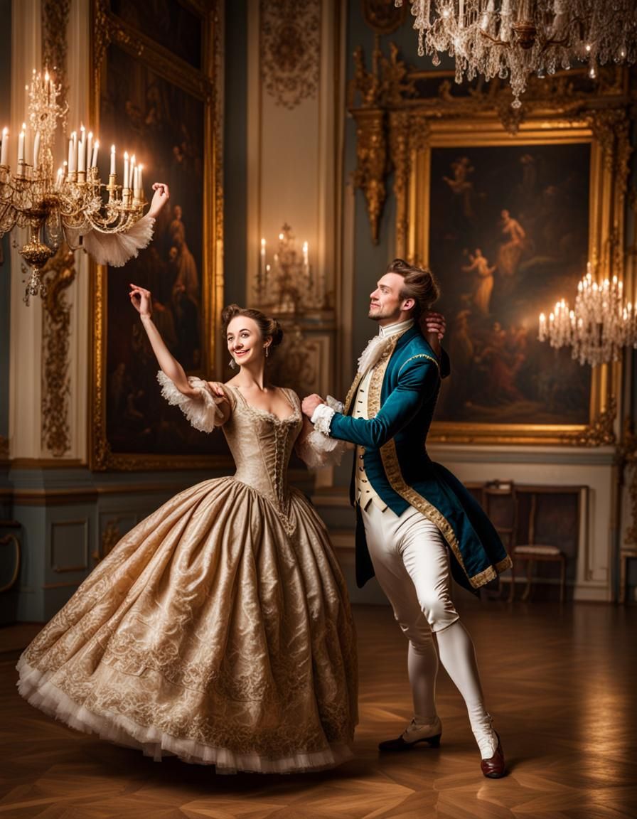 Elegant 18th Century Couple Dancing in Ballroom