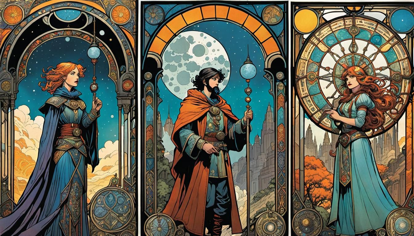 Post-Apocalyptic Tarot Reader in Art Nouveau Comic Style
