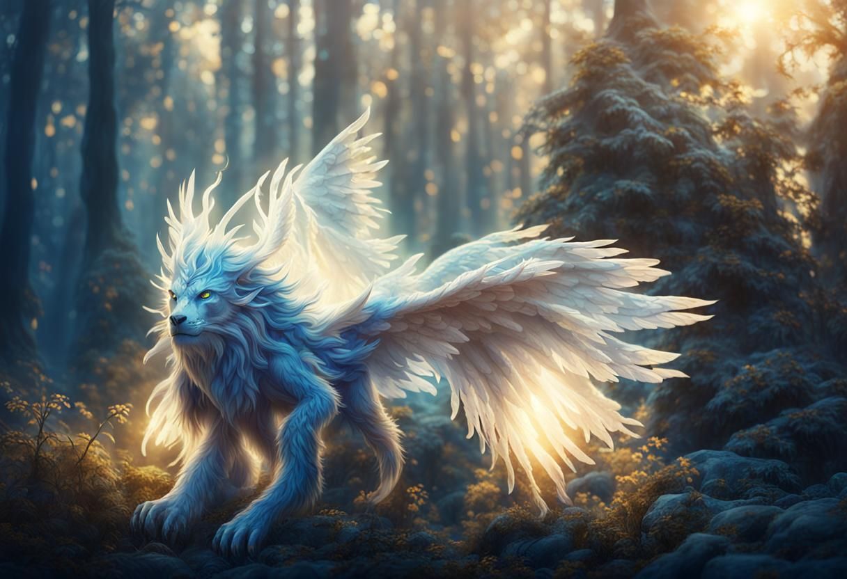 Winged Beast in Mystical Forest: Digital Art