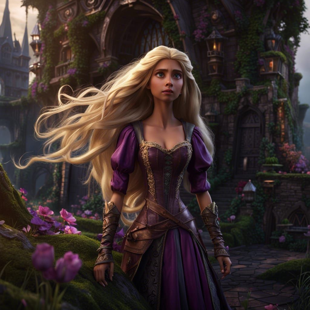 Menacing Rapunzel in Dark Fantasy Landscape