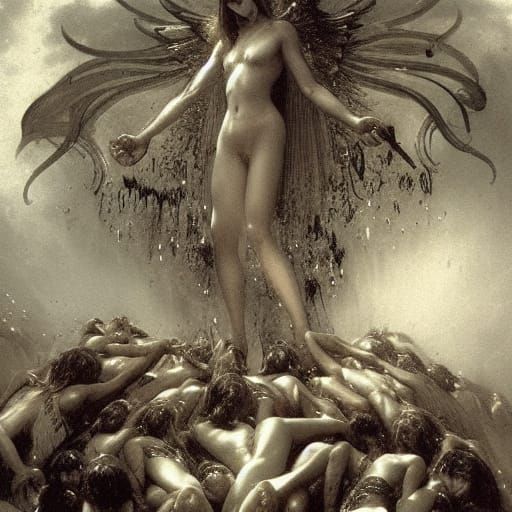 Bayonetta Dismembering Angels in Dark Horror Style