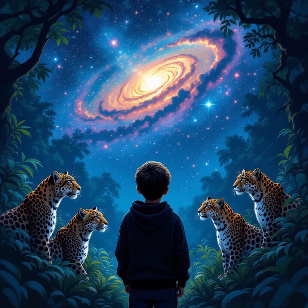 Boy in Jungle with Leopards Under Galaxy Sky