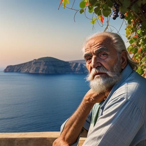 Serene Mediterranean Moment: Elderly Man Under Vine