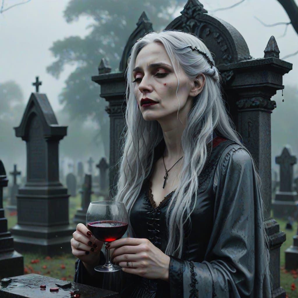 Gothic Lady in Cemetery During Rain
