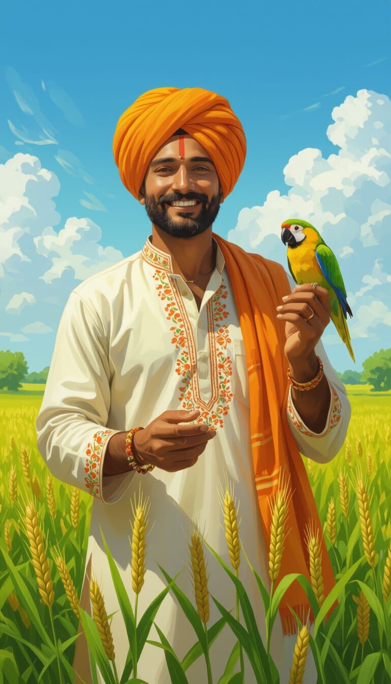 Happy Indian Farmer with Parrot in Lush Field