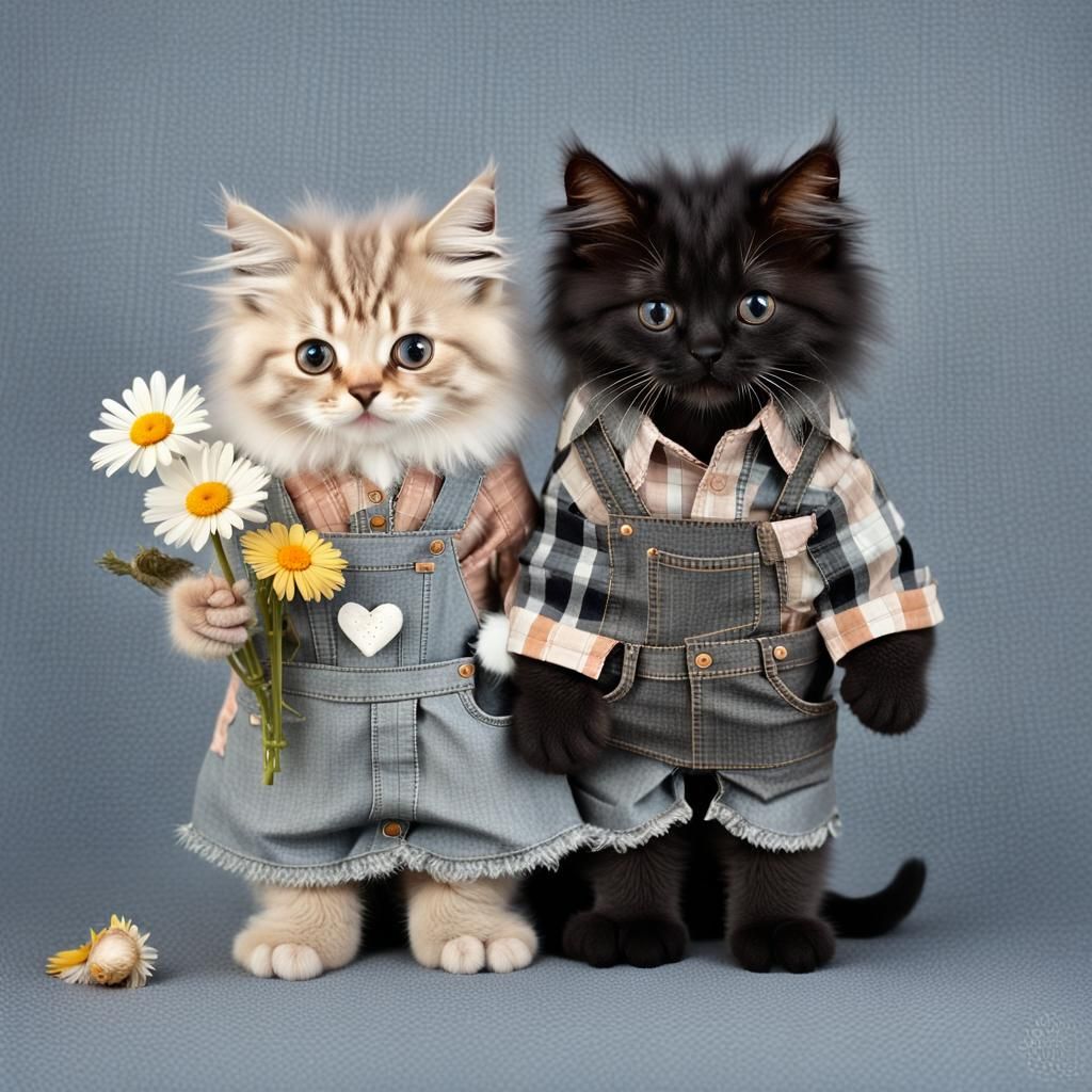 Kittens with a VW Van in Gouache Watercolor Style