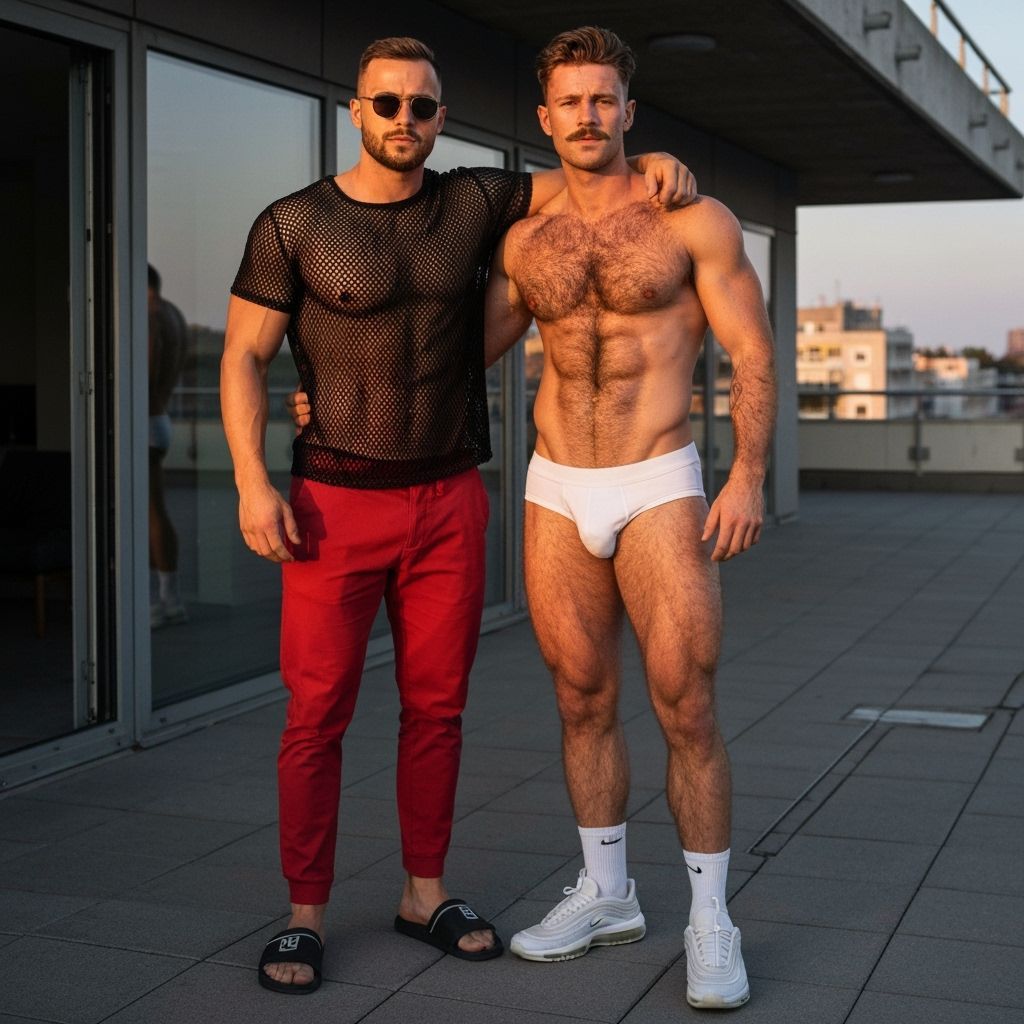 Two Men on Brutalist Terrace at Dusk