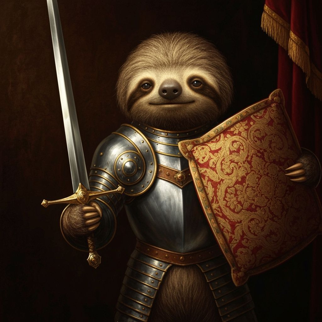 Sloth Knight in Baroque Armor Holding Sword and Pillow