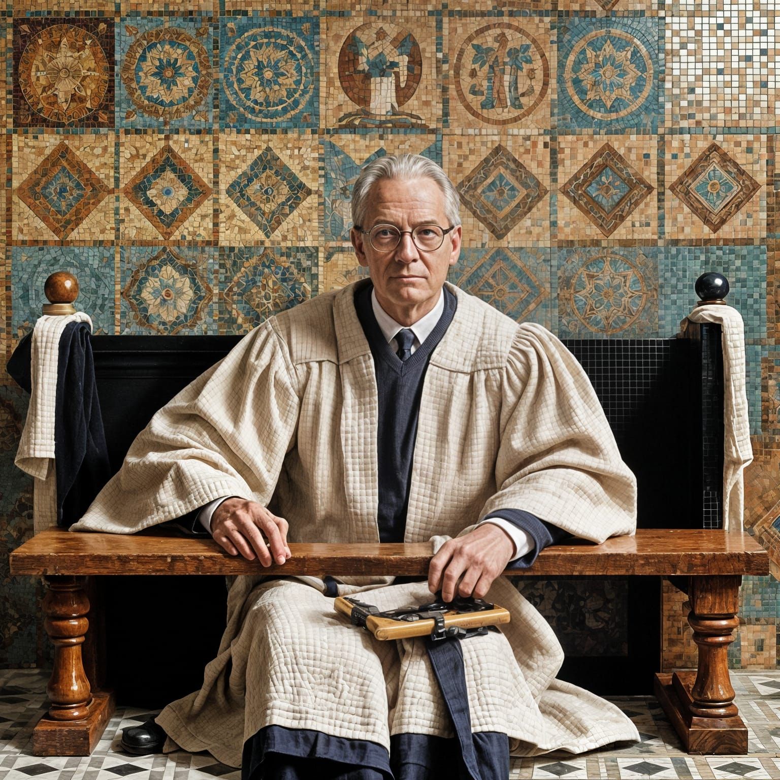 Judge in Mosaic Robes, Gavel at the Ready